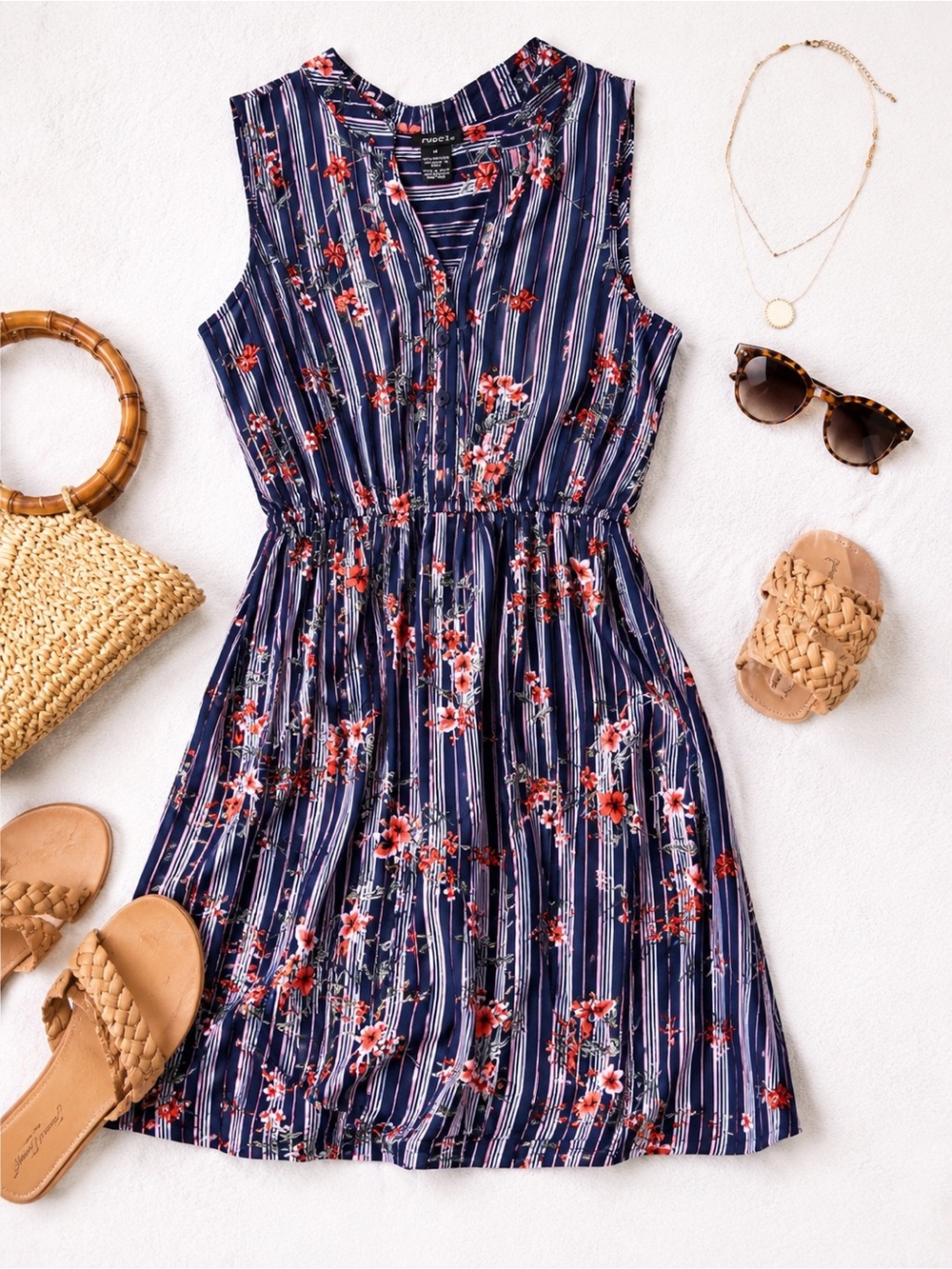 Rue21 Floral Stripe Sleeveless Dress Medium | Navy Blue Summer Casual Boho